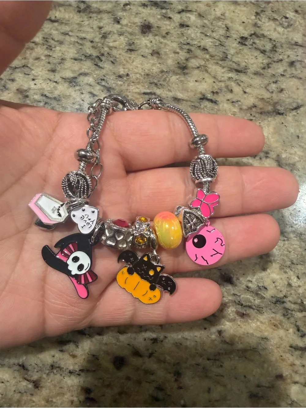 Kids Pink and Yellow Halloween Charm Bracelet - Cute Bat & Skull Charms